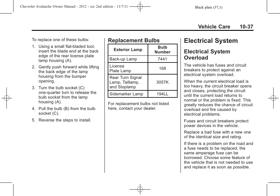 Replacement bulbs, Electrical system, Electrical system overload | Electrical system -37, Replacement bulbs -37 | CHEVROLET 2012 Avalanche User Manual | Page 367 / 488