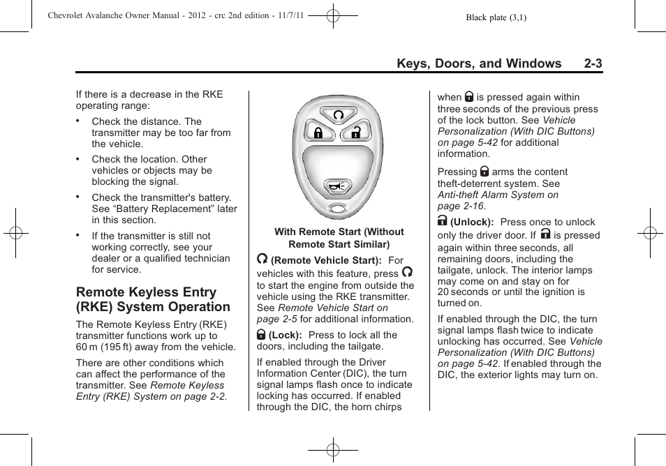 Remote keyless entry (rke) system operation, Remote keyless entry (rke), System operation -3 | Exterior | CHEVROLET 2012 Avalanche User Manual | Page 37 / 488