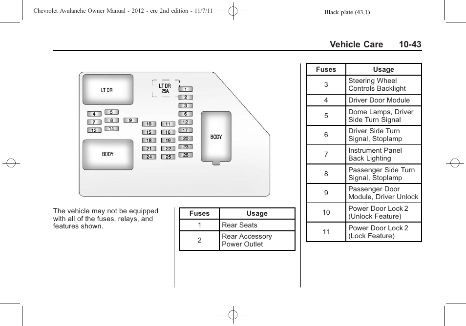 Vehicle care 10-43 | CHEVROLET 2012 Avalanche User Manual | Page 373 / 488