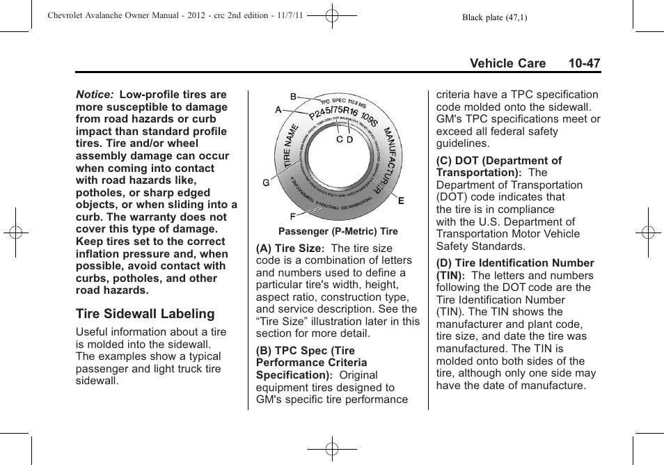 Tire sidewall labeling, Tire sidewall labeling -47 | CHEVROLET 2012 Avalanche User Manual | Page 377 / 488