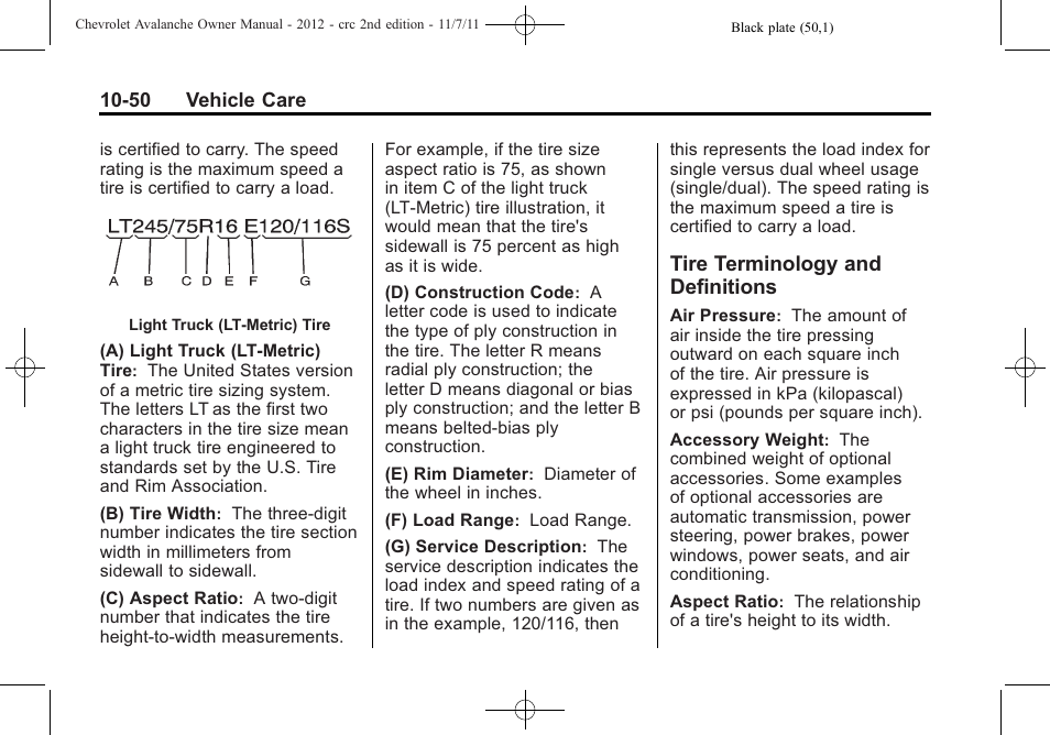 Tire terminology and definitions, Tire terminology and, Definitions -50 | CHEVROLET 2012 Avalanche User Manual | Page 380 / 488