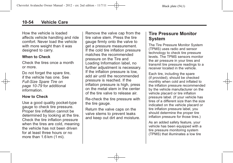 Tire pressure monitor system, Tire pressure monitor, System -54 | CHEVROLET 2012 Avalanche User Manual | Page 384 / 488