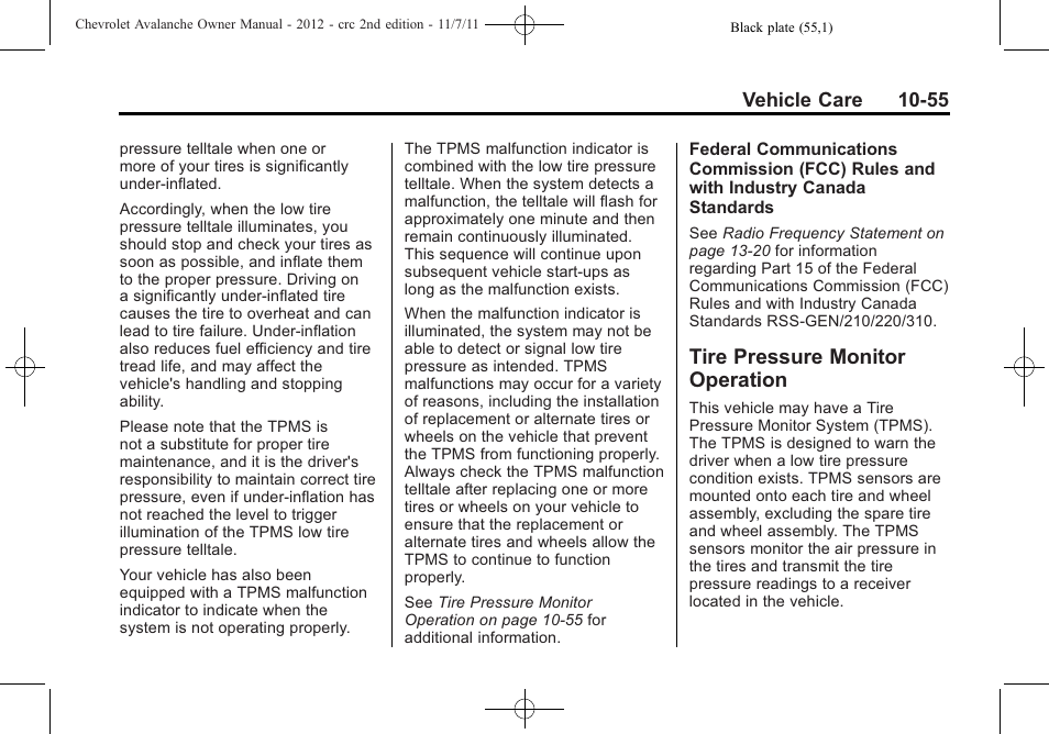 Tire pressure monitor operation, Tire pressure monitor, Operation -55 | CHEVROLET 2012 Avalanche User Manual | Page 385 / 488