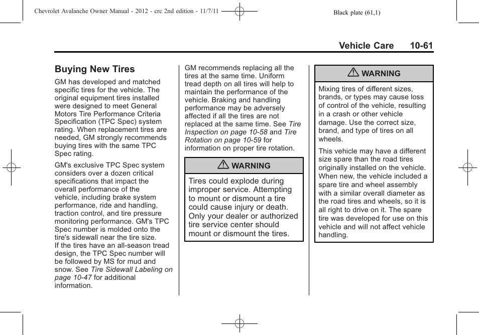 Buying new tires, Buying new tires -61 | CHEVROLET 2012 Avalanche User Manual | Page 391 / 488