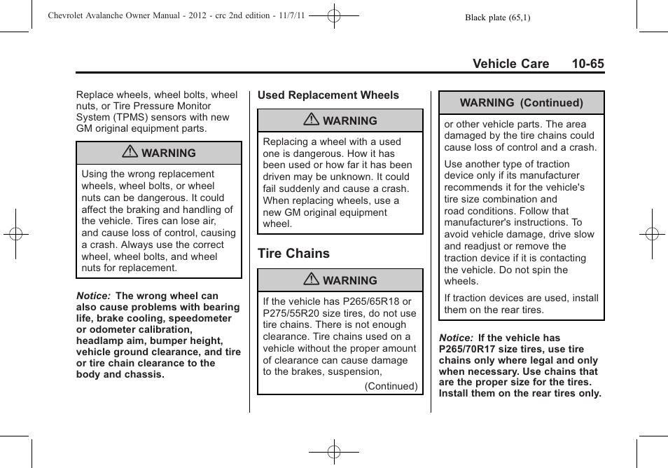 Tire chains, Tire chains -65 | CHEVROLET 2012 Avalanche User Manual | Page 395 / 488