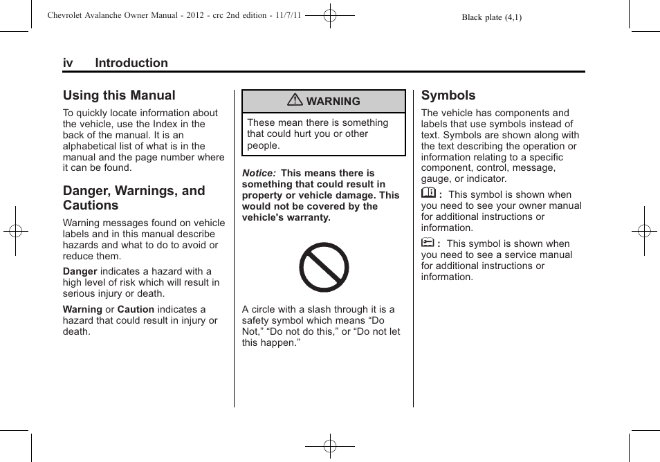 Using this manual, Danger, warnings, and cautions, Symbols | CHEVROLET 2012 Avalanche User Manual | Page 4 / 488