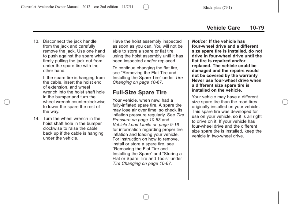 Full-size spare tire, Full-size spare tire -79 | CHEVROLET 2012 Avalanche User Manual | Page 409 / 488