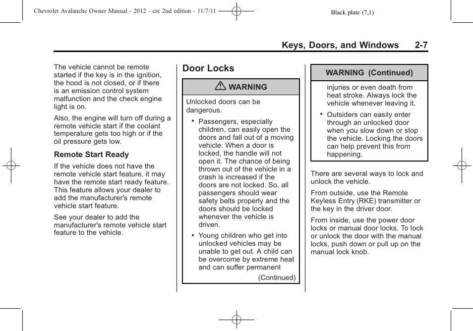 Door locks, Door locks -7, Keys, doors, and windows 2-7 | CHEVROLET 2012 Avalanche User Manual | Page 41 / 488