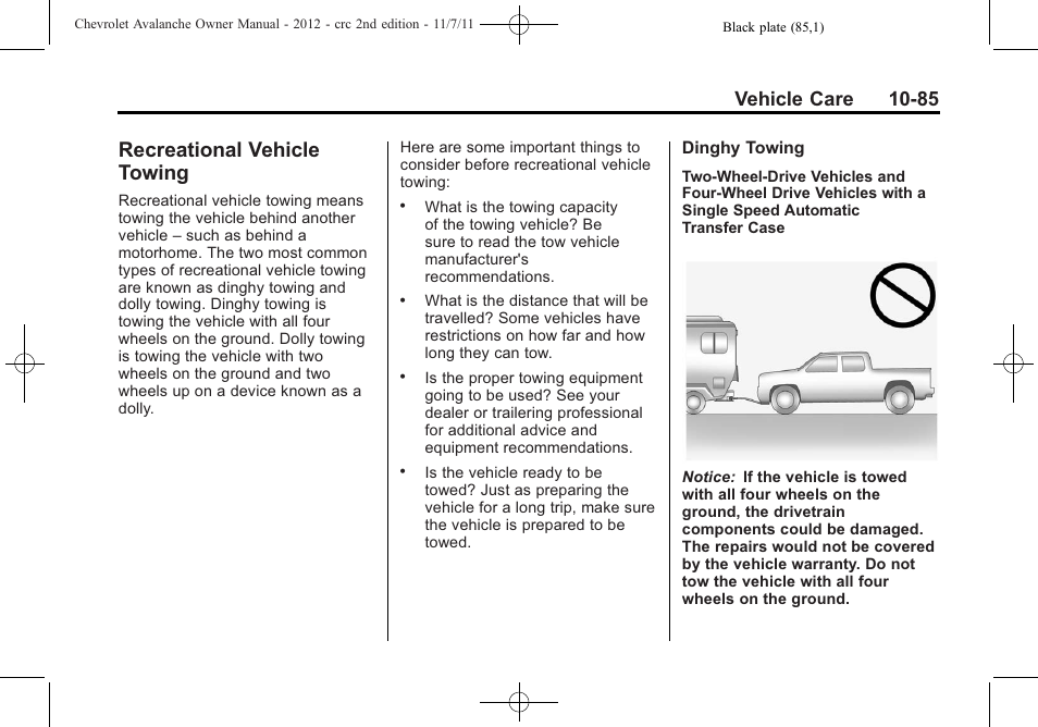 Recreational vehicle towing, Recreational vehicle, Towing -85 | Vehicle care 10-85 | CHEVROLET 2012 Avalanche User Manual | Page 415 / 488