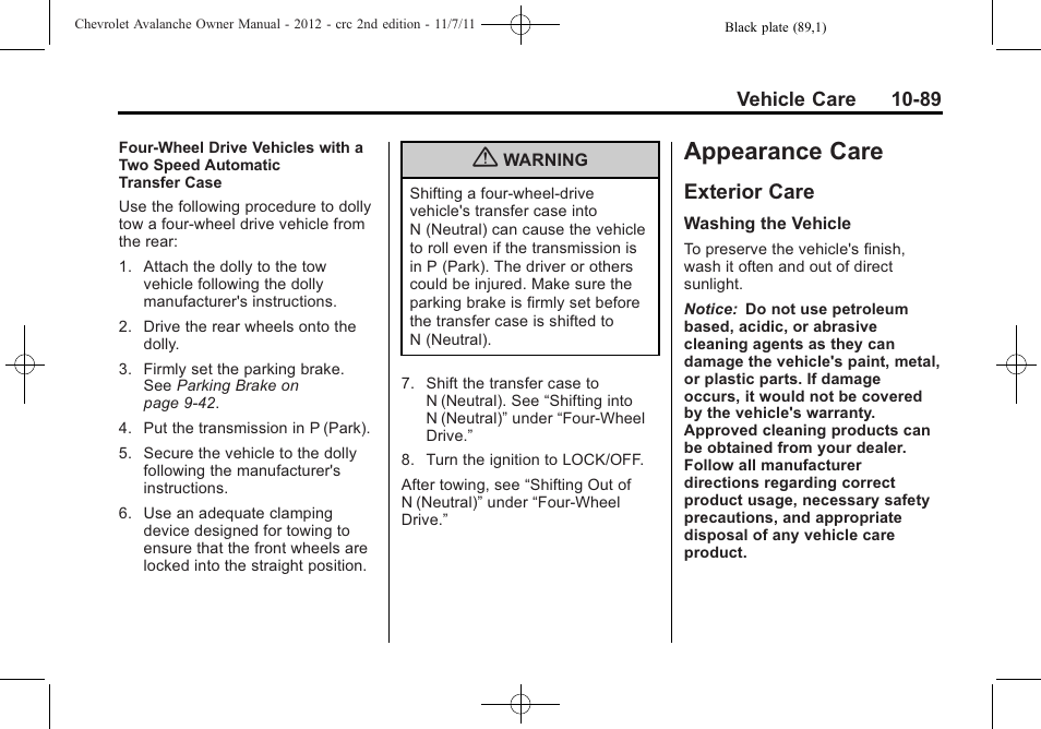 Appearance care, Exterior care, Appearance care -89 | Exterior care -89 | CHEVROLET 2012 Avalanche User Manual | Page 419 / 488