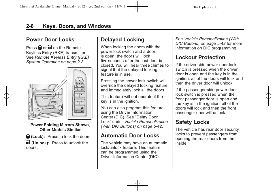 Power door locks, Delayed locking, Automatic door locks | Lockout protection, Safety locks | CHEVROLET 2012 Avalanche User Manual | Page 42 / 488