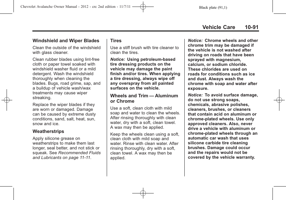 Vehicle care 10-91 | CHEVROLET 2012 Avalanche User Manual | Page 421 / 488
