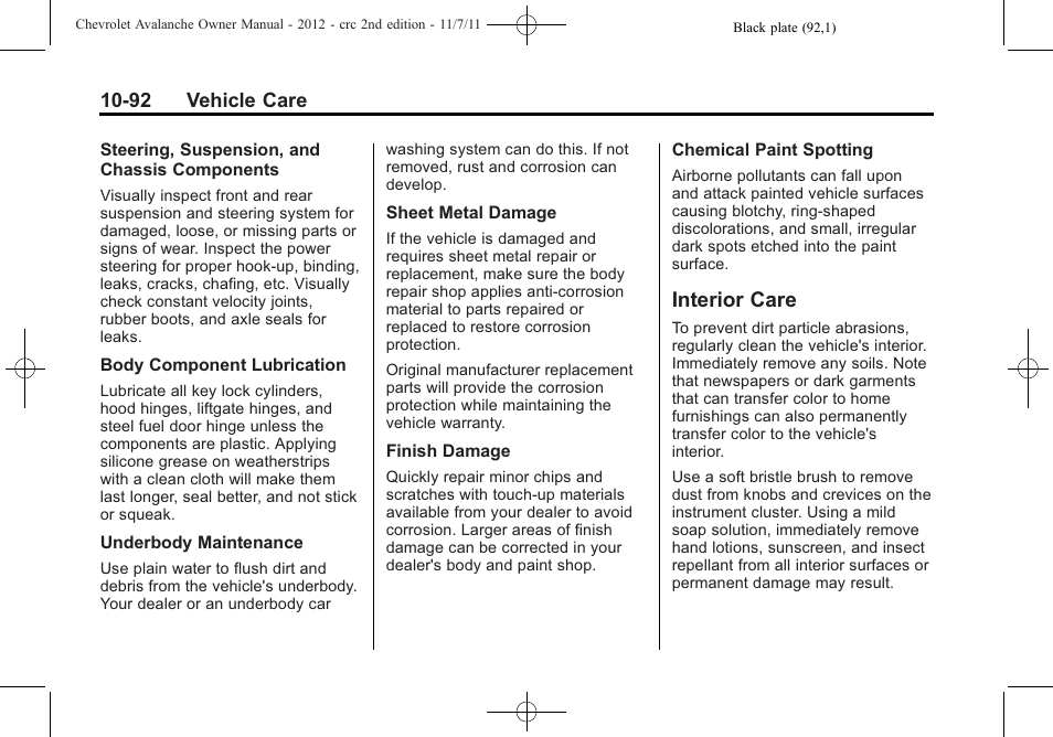 Interior care, Interior care -92 | CHEVROLET 2012 Avalanche User Manual | Page 422 / 488