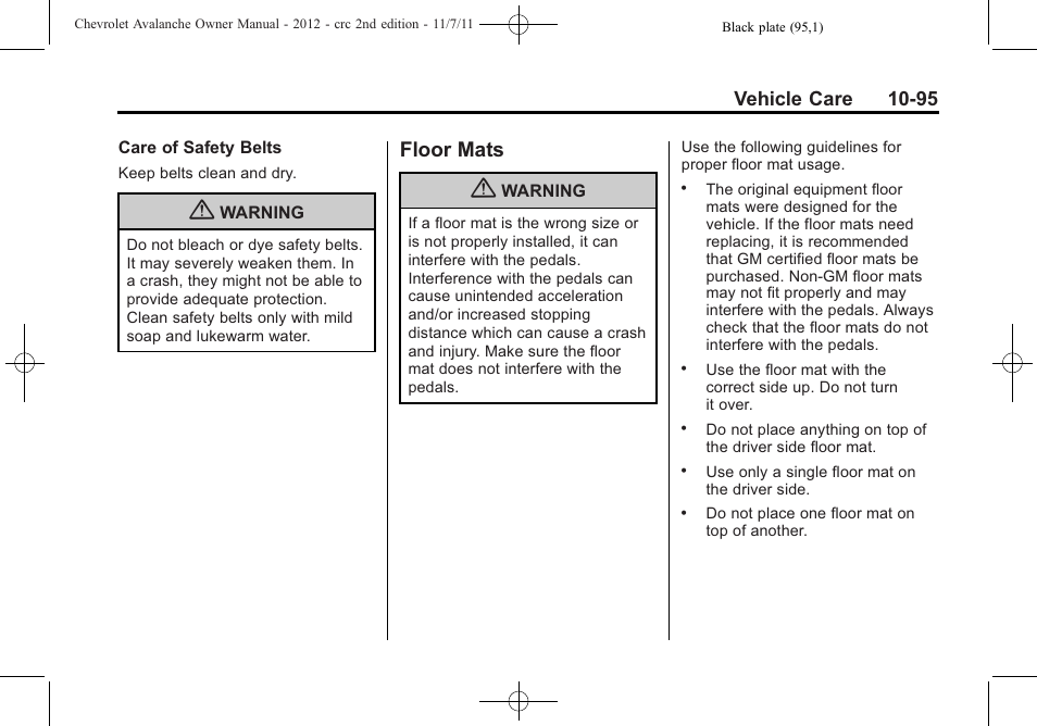 Floor mats, Floor mats -95, Vehicle care 10-95 | CHEVROLET 2012 Avalanche User Manual | Page 425 / 488