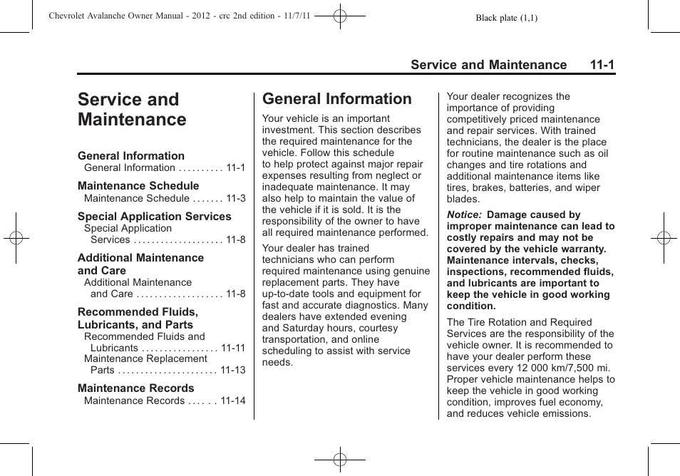 Service and maintenance, General information | CHEVROLET 2012 Avalanche User Manual | Page 427 / 488