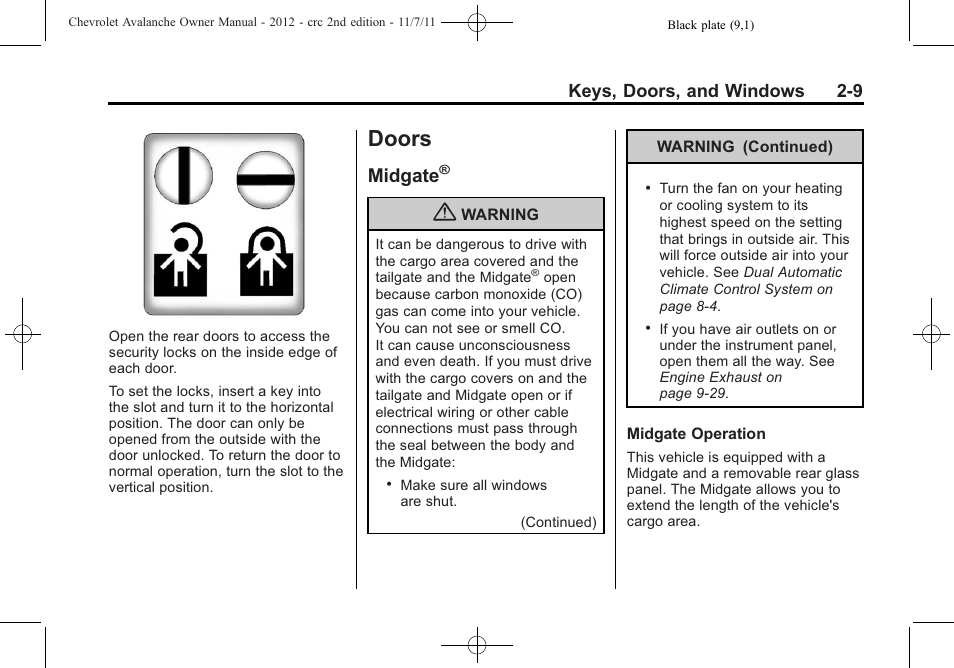 Doors, Midgate, Doors -9 | Instruments and controls, Manual rearview, Keys, doors, and windows 2-9 | CHEVROLET 2012 Avalanche User Manual | Page 43 / 488