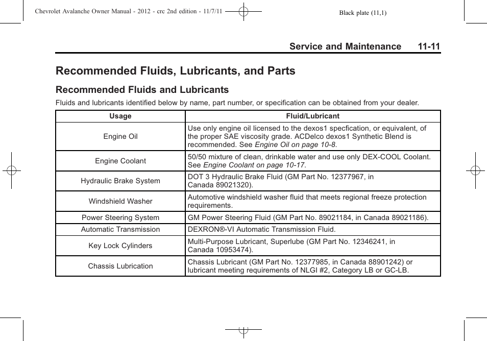 Recommended fluids, lubricants, and parts, Recommended fluids and lubricants, Recommended fluids | Lubricants, and parts -11, Onstar, Recommended fluids and, Lubricants -11 | CHEVROLET 2012 Avalanche User Manual | Page 437 / 488