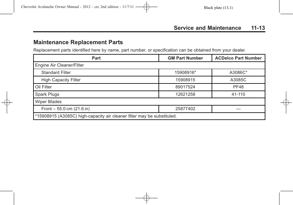 Maintenance replacement parts, Maintenance replacement, Parts -13 | Service and maintenance 11-13 | CHEVROLET 2012 Avalanche User Manual | Page 439 / 488