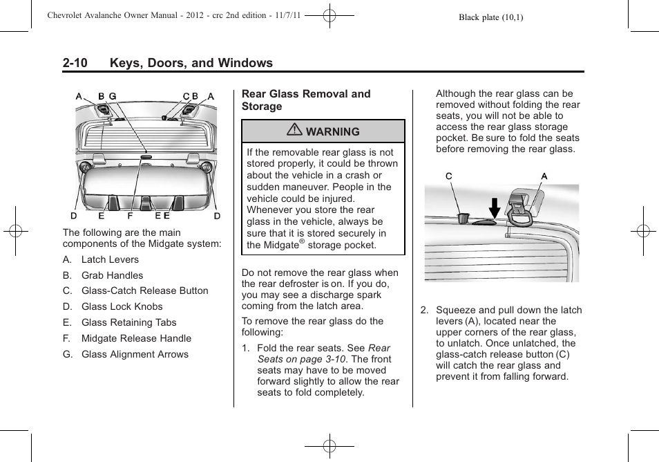 10 keys, doors, and windows | CHEVROLET 2012 Avalanche User Manual | Page 44 / 488
