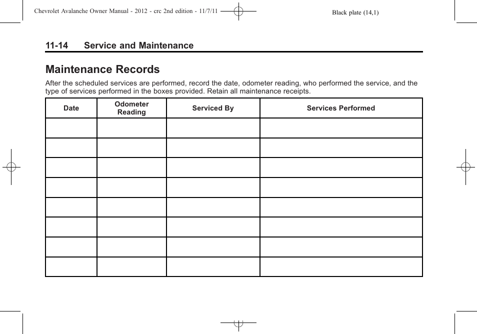 Maintenance records, Maintenance records -14, Onstar | CHEVROLET 2012 Avalanche User Manual | Page 440 / 488