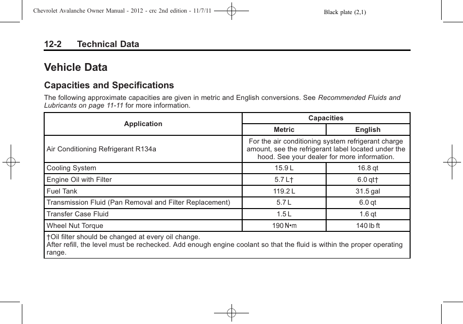 Vehicle data, Capacities and specifications, Data -2 | Capacities and, Specifications -2, 2 technical data | CHEVROLET 2012 Avalanche User Manual | Page 444 / 488