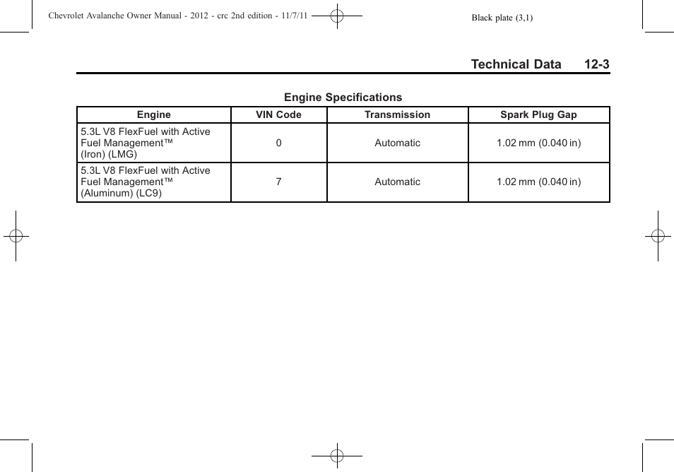 Technical data 12-3 | CHEVROLET 2012 Avalanche User Manual | Page 445 / 488
