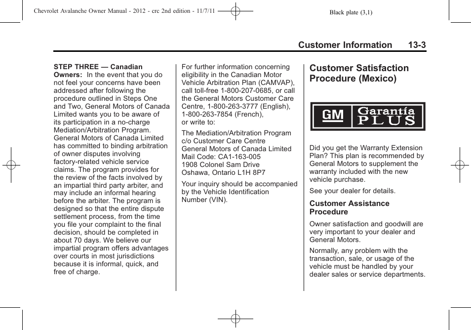 Customer satisfaction procedure (mexico), Customer satisfaction, Procedure (mexico) -3 | CHEVROLET 2012 Avalanche User Manual | Page 449 / 488