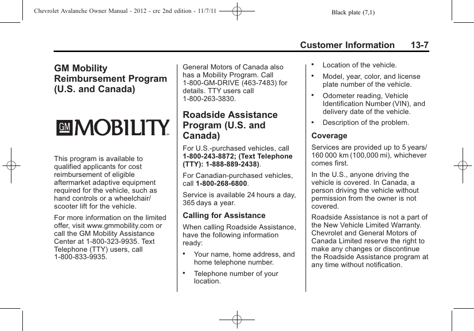 Roadside assistance program (u.s. and canada), Gm mobility reimbursement, Program (u.s. and canada) -7 | Roadside assistance program, U.s. and canada) -7, Navigation, Customer information 13-7 | CHEVROLET 2012 Avalanche User Manual | Page 453 / 488