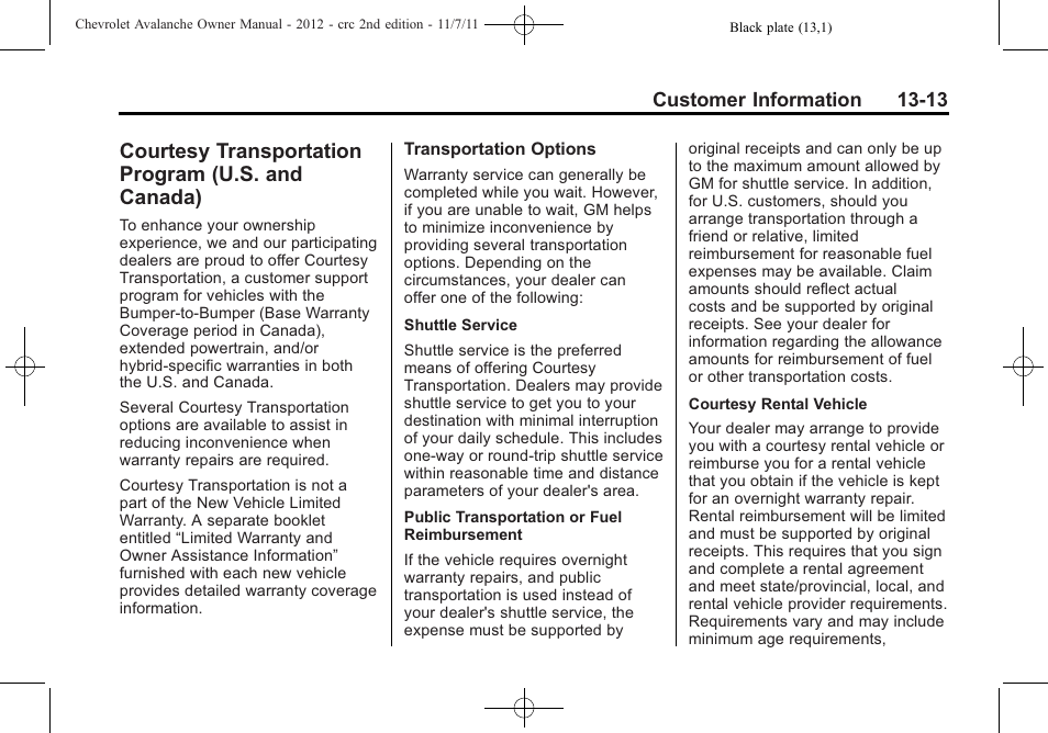 Courtesy transportation program (u.s. and canada), Courtesy transportation, Program (u.s. and canada) -13 | CHEVROLET 2012 Avalanche User Manual | Page 459 / 488