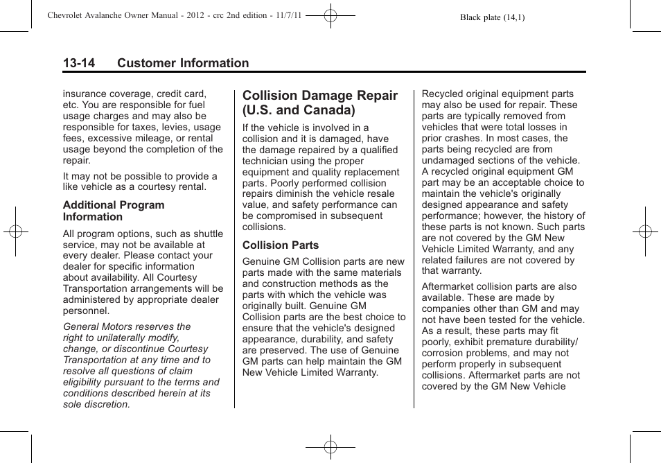 Collision damage repair (u.s. and canada), Collision damage repair, U.s. and canada) -14 | Procedure | CHEVROLET 2012 Avalanche User Manual | Page 460 / 488