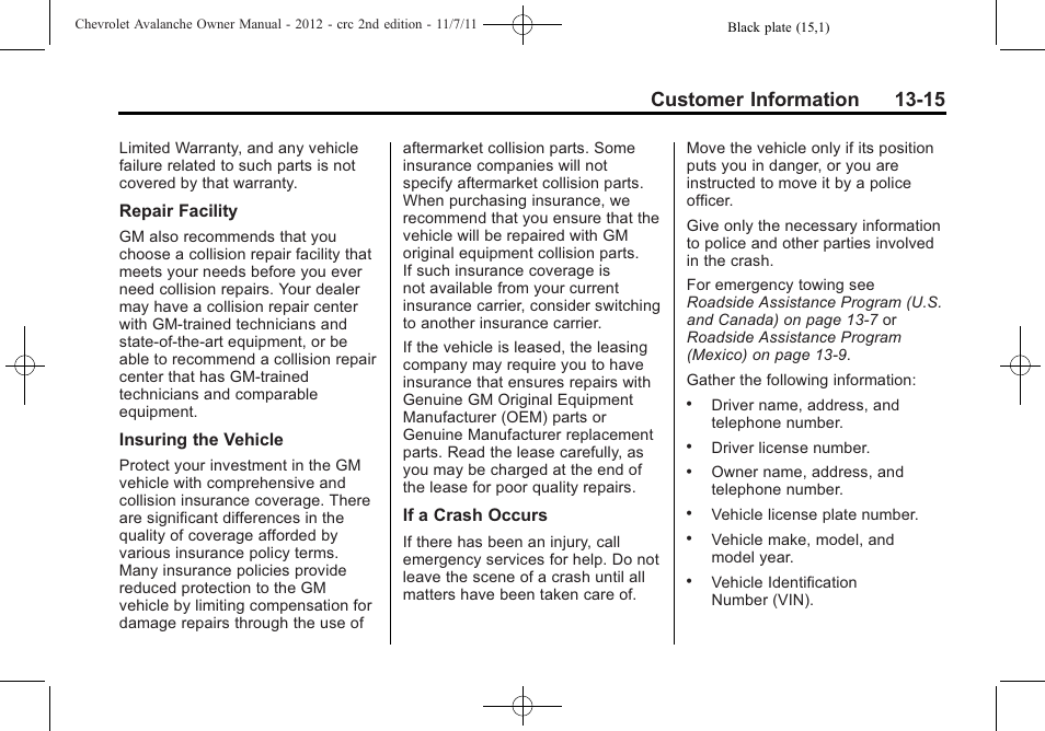 Customer information 13-15 | CHEVROLET 2012 Avalanche User Manual | Page 461 / 488
