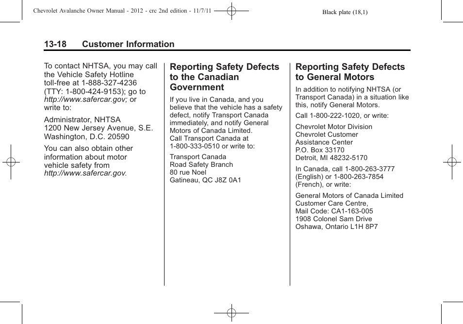 Reporting safety defects to general motors, Reporting safety defects to, Canadian government -18 | Defects to, General motors -18 | CHEVROLET 2012 Avalanche User Manual | Page 464 / 488