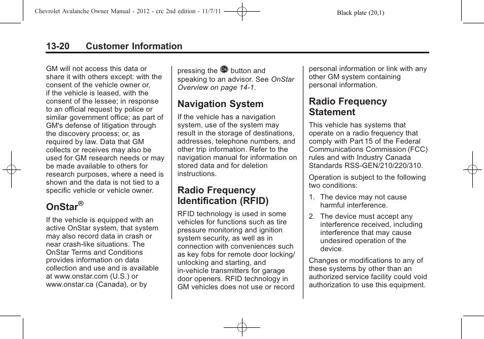 Onstar, Navigation system, Radio frequency identification (rfid) | Radio frequency statement, System -20 radio frequency, Identification (rfid) -20, Radio frequency, Statement -20 | CHEVROLET 2012 Avalanche User Manual | Page 466 / 488