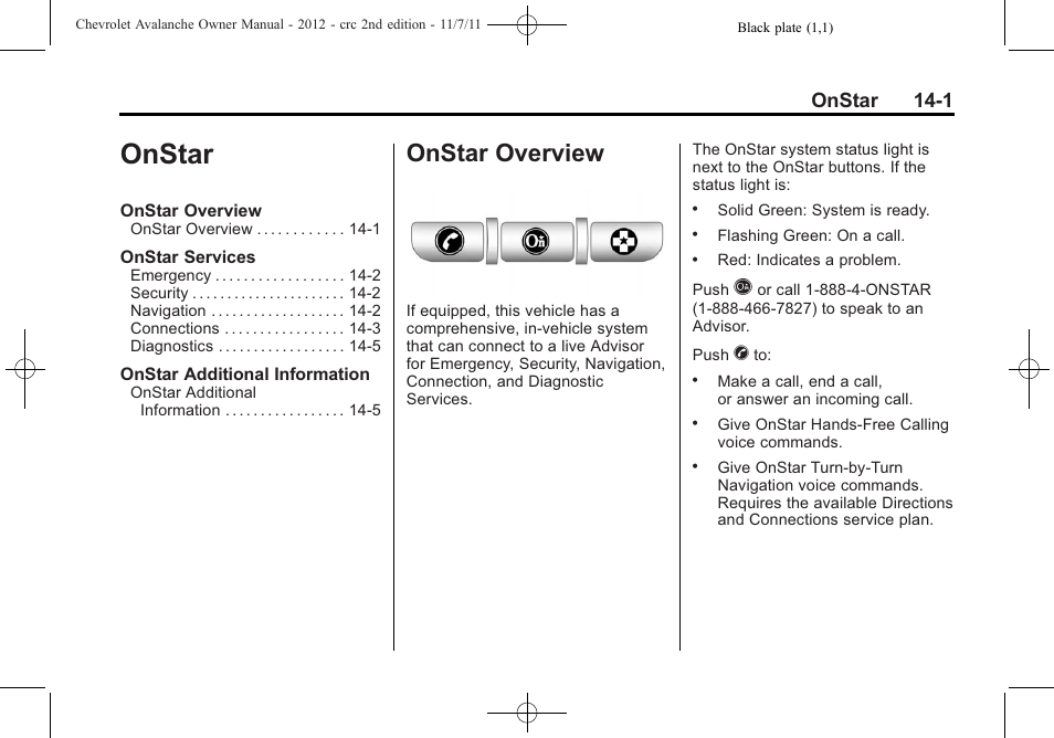Onstar, Onstar overview, Onstar 14-1 | CHEVROLET 2012 Avalanche User Manual | Page 467 / 488