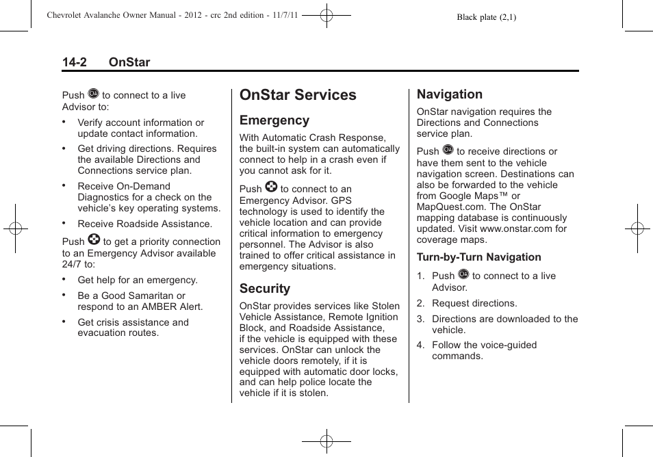 Onstar services, Emergency, Security | Navigation, Services -2, Emergency -2 security -2 navigation -2, If equipped, 2 onstar | CHEVROLET 2012 Avalanche User Manual | Page 468 / 488
