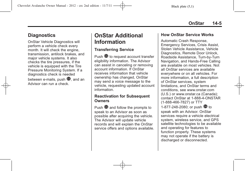 Diagnostics, Onstar additional information, Additional | Information -5, Diagnostics -5, Onstar additional | CHEVROLET 2012 Avalanche User Manual | Page 471 / 488