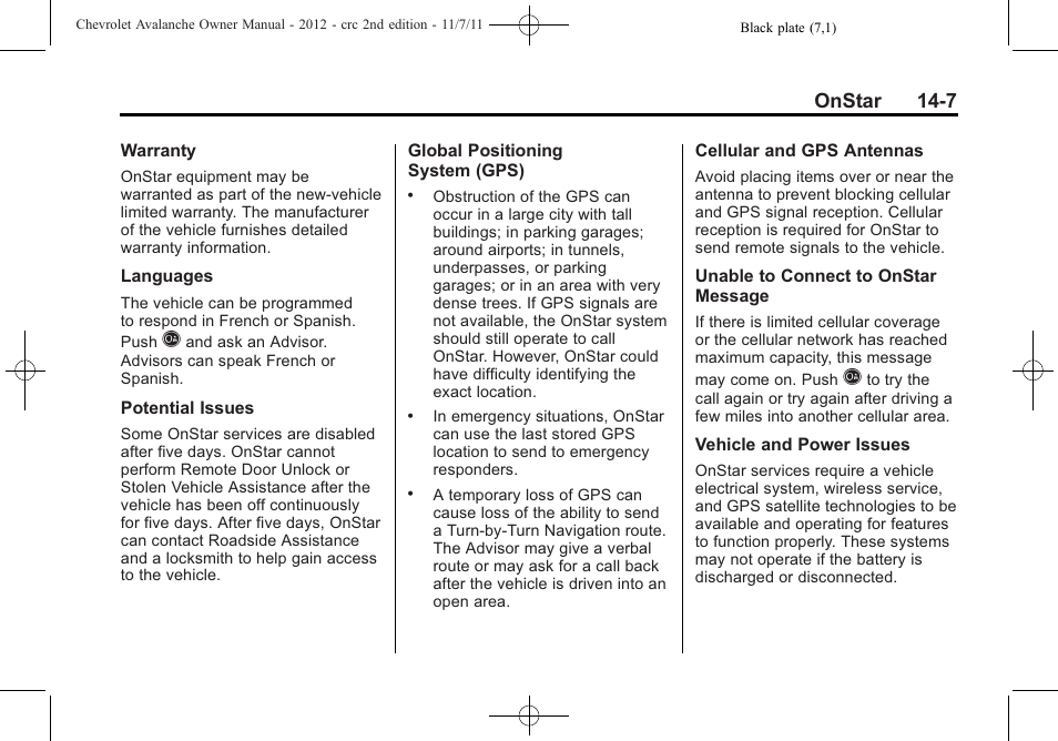 Onstar 14-7 | CHEVROLET 2012 Avalanche User Manual | Page 473 / 488