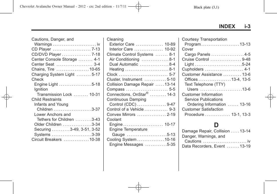 Index_d, Index i-3 | CHEVROLET 2012 Avalanche User Manual | Page 477 / 488