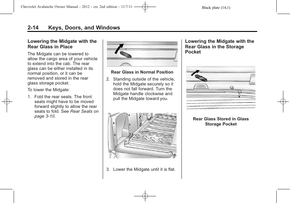 14 keys, doors, and windows | CHEVROLET 2012 Avalanche User Manual | Page 48 / 488