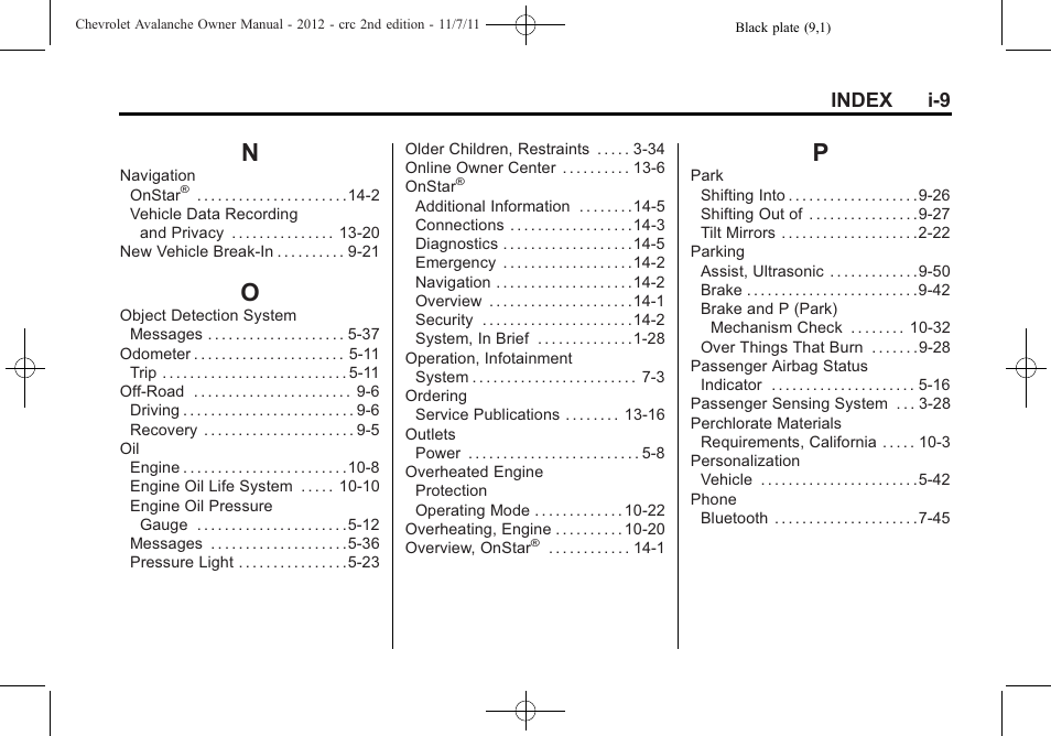 Index_n, Index_o, Index_p | Index i-9 | CHEVROLET 2012 Avalanche User Manual | Page 483 / 488