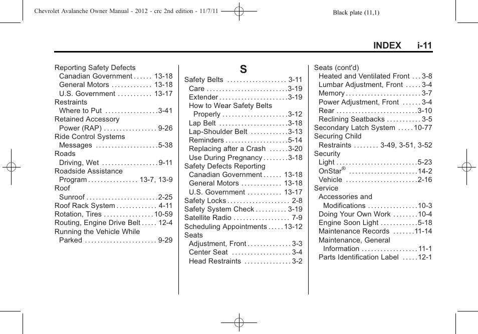 Index_s, Index i-11 | CHEVROLET 2012 Avalanche User Manual | Page 485 / 488