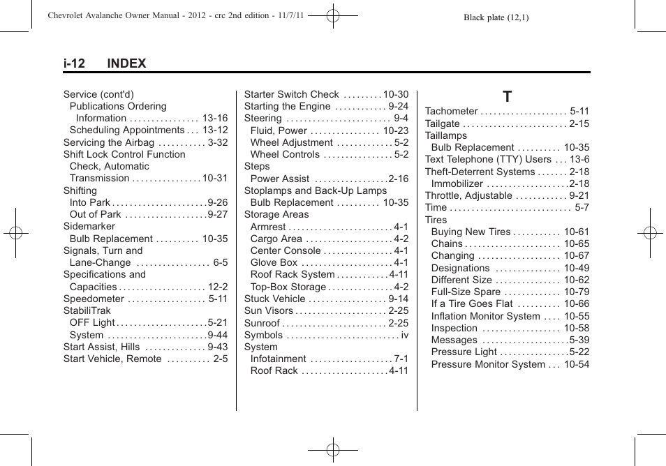 Index_t, I-12 index | CHEVROLET 2012 Avalanche User Manual | Page 486 / 488