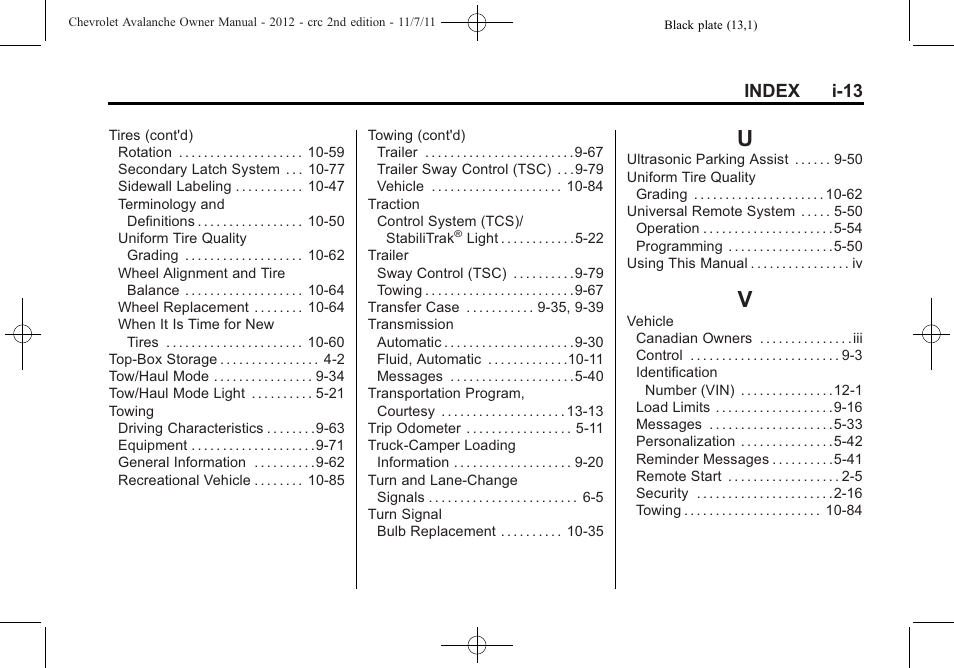 Index_u, Index_v, Index i-13 | CHEVROLET 2012 Avalanche User Manual | Page 487 / 488