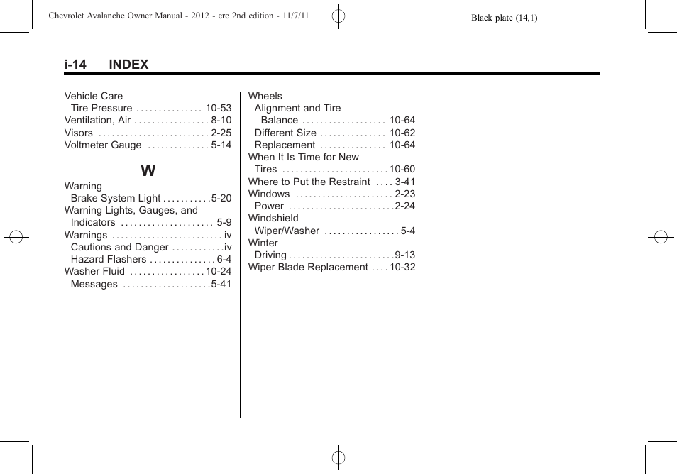 Index_w, I-14 index | CHEVROLET 2012 Avalanche User Manual | Page 488 / 488