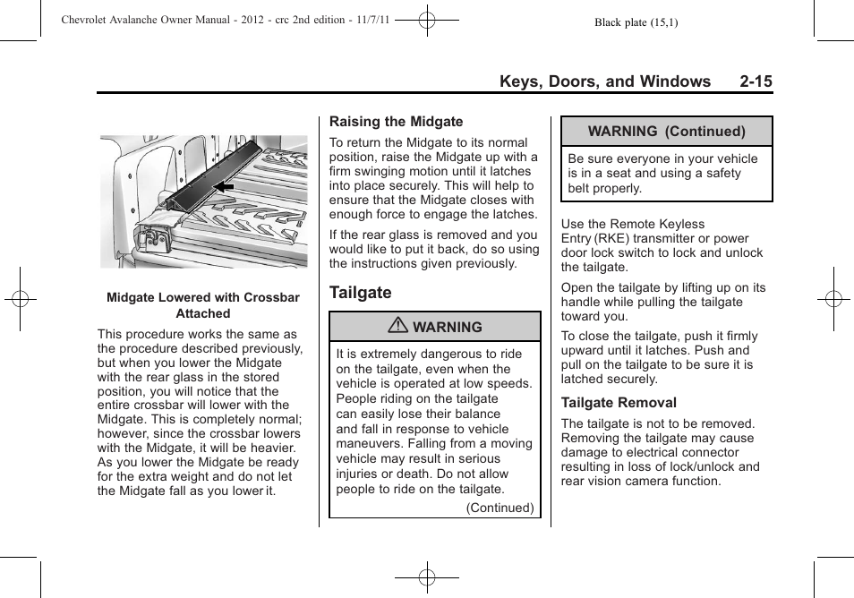 Tailgate, Tailgate -15 | CHEVROLET 2012 Avalanche User Manual | Page 49 / 488