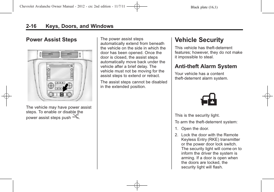 Power assist steps, Vehicle security, Anti-theft alarm system | Vehicle security -16, Controls, Power assist steps -16, Vehicle security -16 anti-theft alarm system -16 | CHEVROLET 2012 Avalanche User Manual | Page 50 / 488