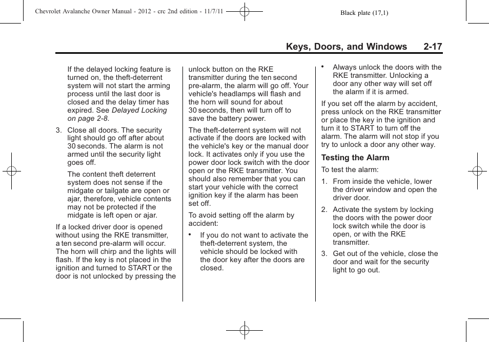 Keys, doors, and windows 2-17 | CHEVROLET 2012 Avalanche User Manual | Page 51 / 488