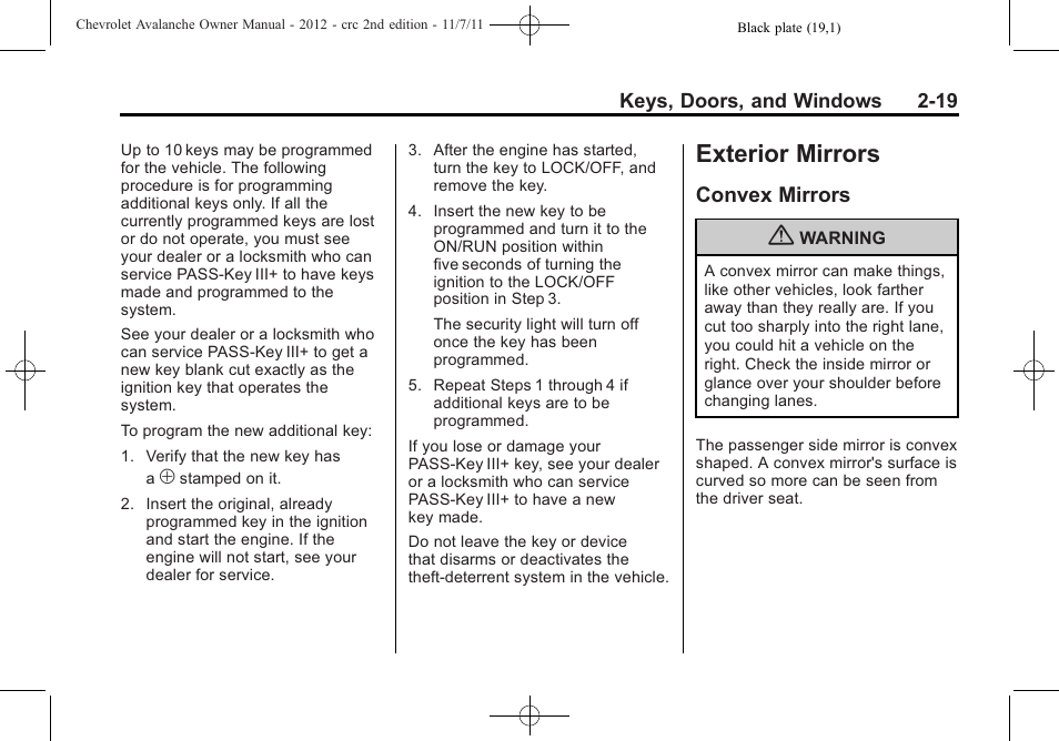 Exterior mirrors, Convex mirrors, Exterior mirrors -19 | Convex mirrors -19 | CHEVROLET 2012 Avalanche User Manual | Page 53 / 488