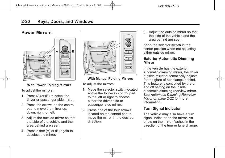 Power mirrors, Power mirrors -20, 20 keys, doors, and windows | CHEVROLET 2012 Avalanche User Manual | Page 54 / 488