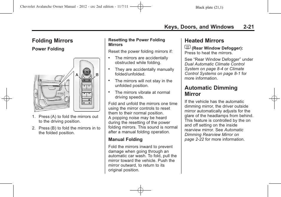 Folding mirrors, Heated mirrors, Automatic dimming mirror | Heated mirrors 1, Keys, doors, and windows 2-21 | CHEVROLET 2012 Avalanche User Manual | Page 55 / 488